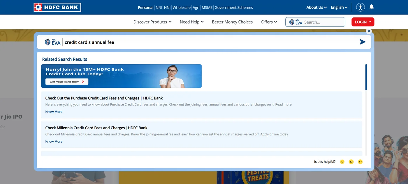 EVA results for 'credit card's annual fee': a credit card sign-up banner first, then fee pages for individual cards