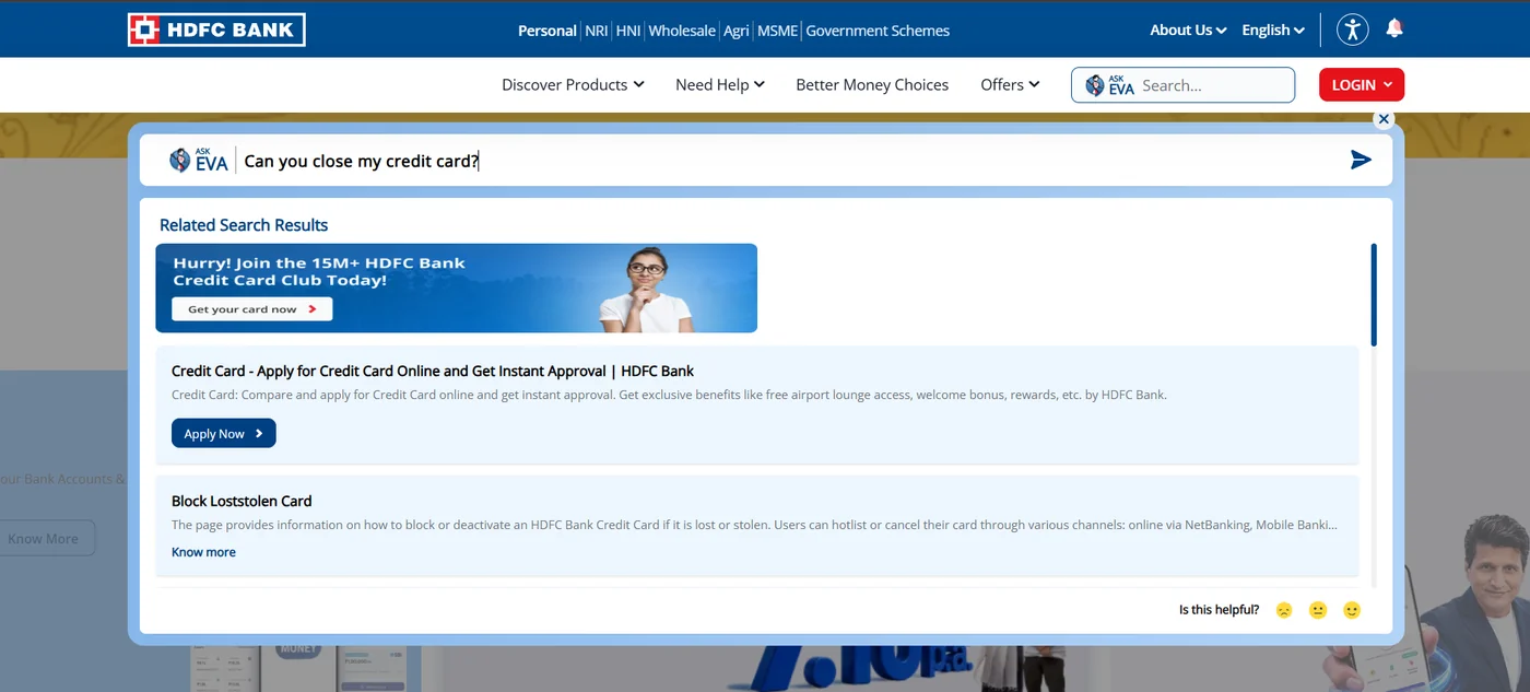 EVA results for 'Can you close my credit card?': a 'Get your card now' banner and 'Apply for credit card' first, then 'Block lost/stolen card'