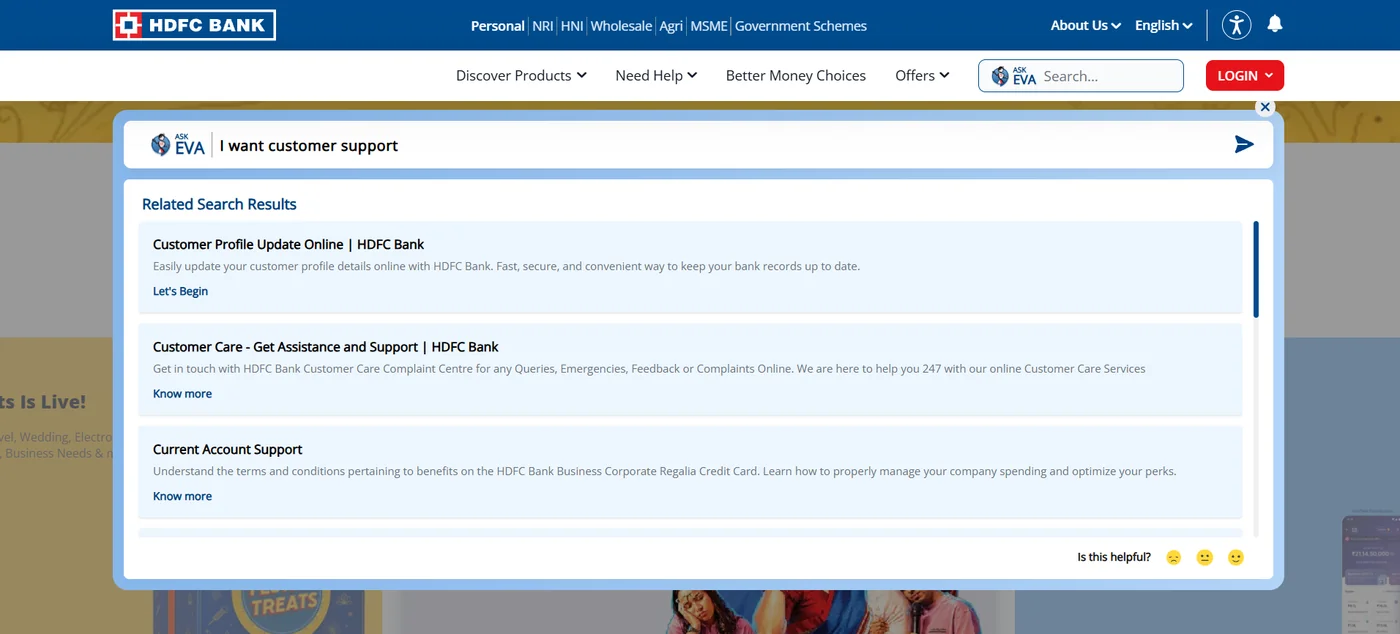 EVA results for 'I want customer support': profile update, a customer care page, and a 'Current Account Support' result describing a business credit card